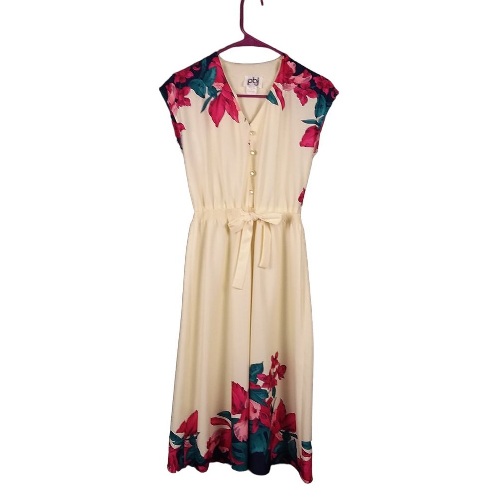 Vintage 1970s PBJ Floral Cream Blue Red Dress Cap Sleeves Size 3